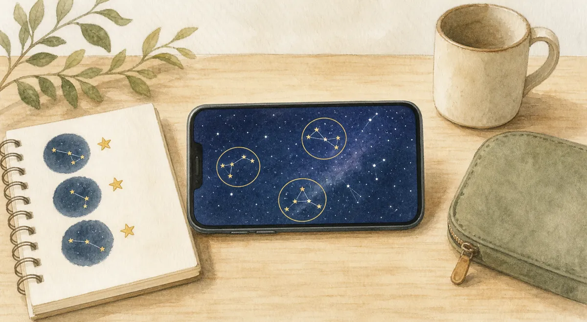 星座アプリで星を3つ探すのイラスト