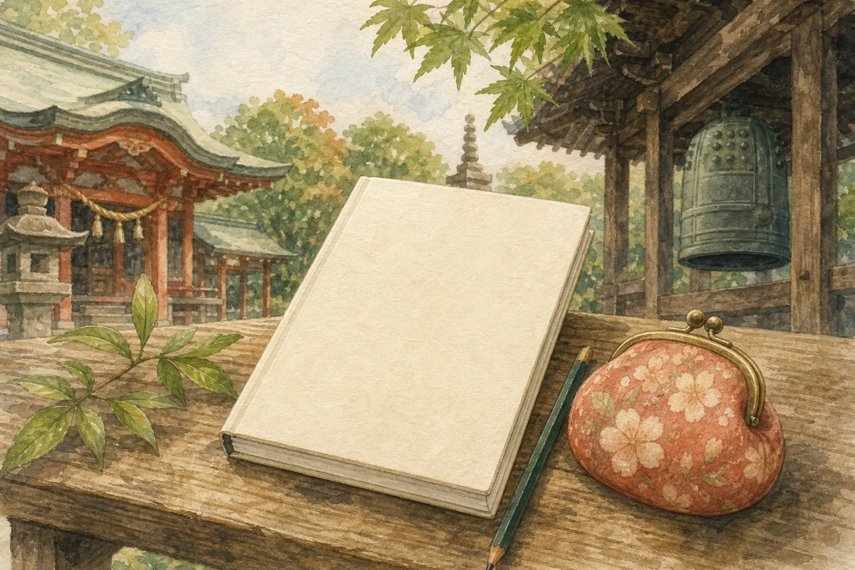 御朱印をいただく寺社めぐりのイラスト