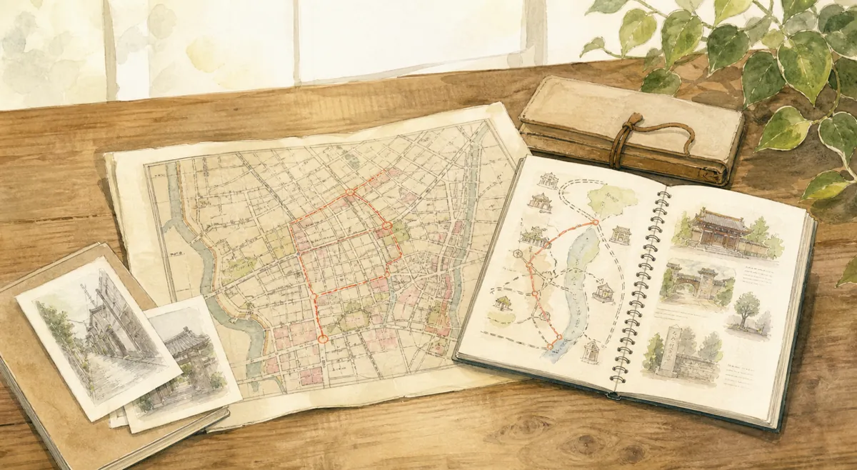 古地図で近所の歴史散歩のイラスト