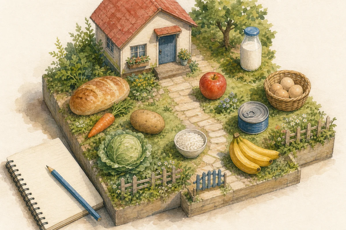 記憶術で買い物リストを覚えるのイラスト