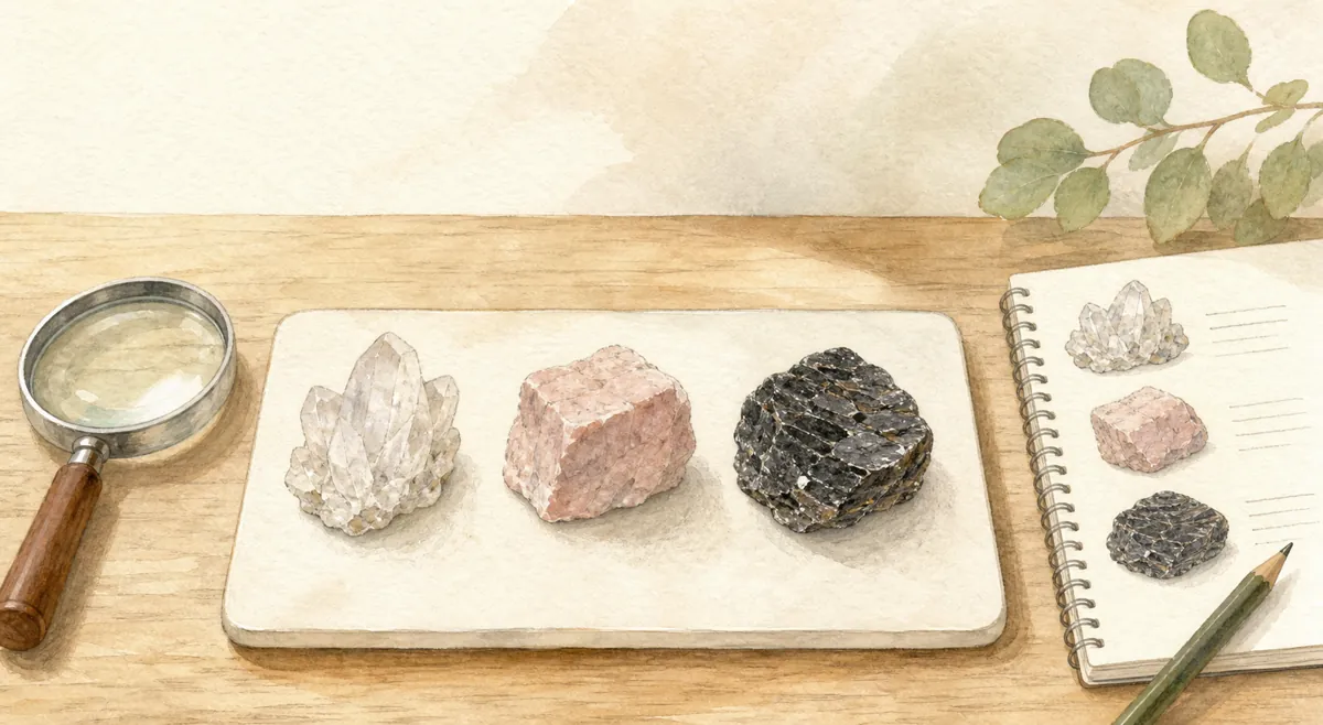 身近な鉱物を3つ見分けるのイラスト