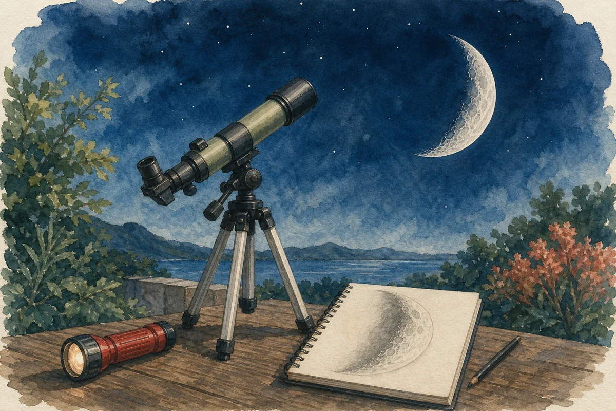 天体望遠鏡で月面観察のイラスト