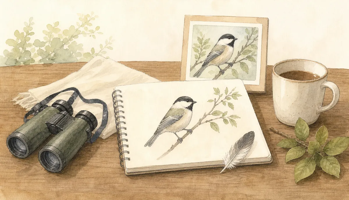 近所で朝の野鳥観察のイラスト