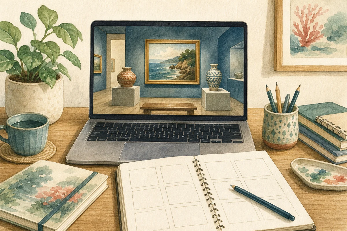 オンラインで美術館めぐりのイラスト