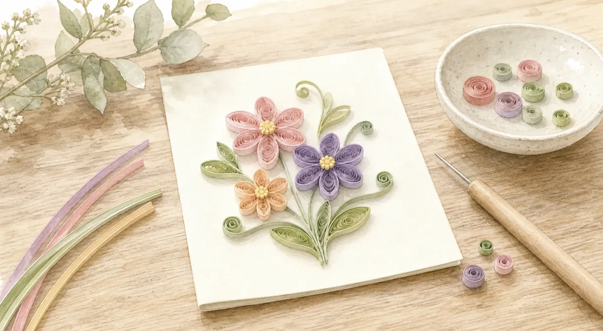 細長い紙でクイリングの花のイラスト