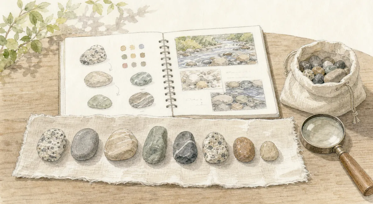 河原の石を見分ける散歩のイラスト