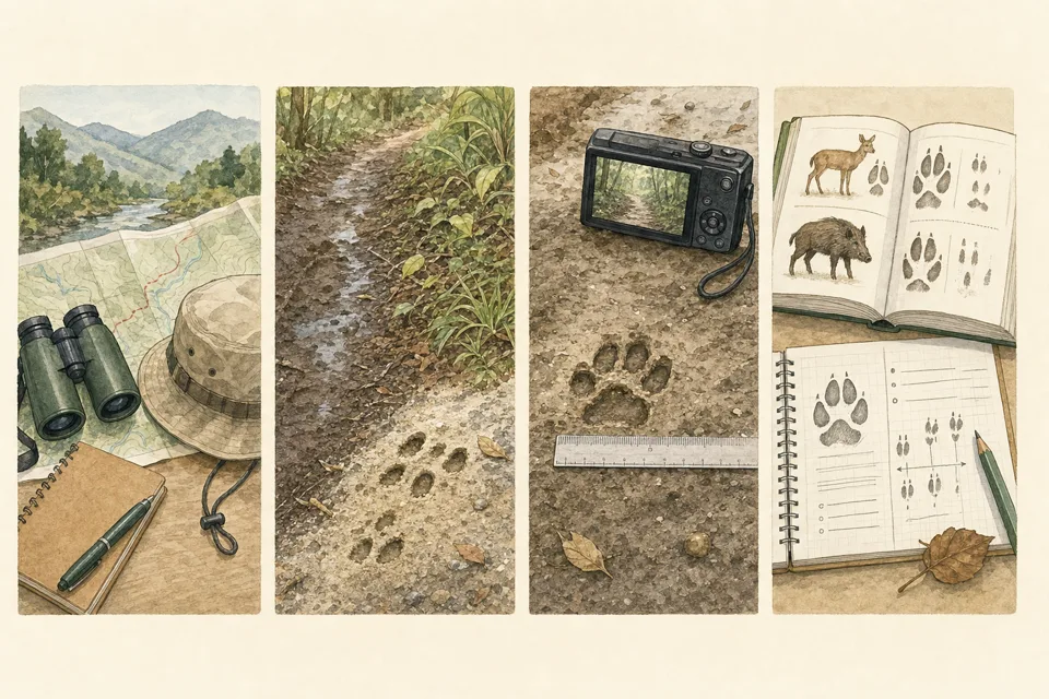 野生動物の足跡探しの主な手順を4場面で示したイラスト