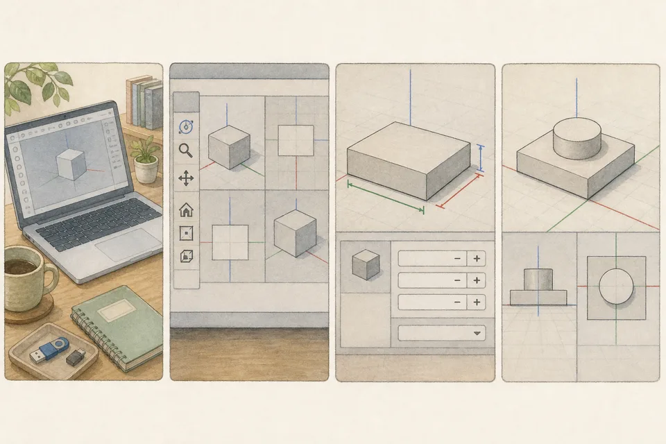 3Dモデリングで小物作りの主な手順を4場面で示したイラスト