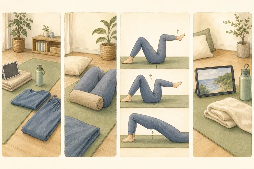 床で15分の初級ピラティスの主な手順を4場面で示したイラスト