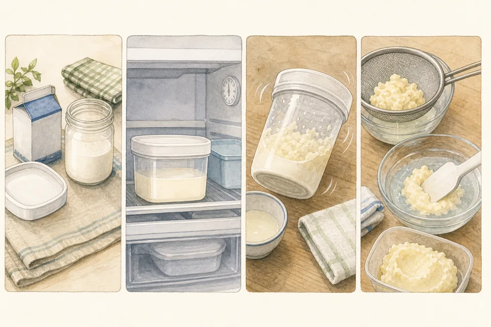 生クリームから手作りバターの主な手順を4場面で示したイラスト