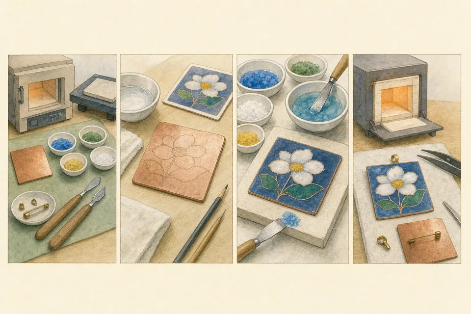 七宝焼き体験の主な手順を4場面で示したイラスト