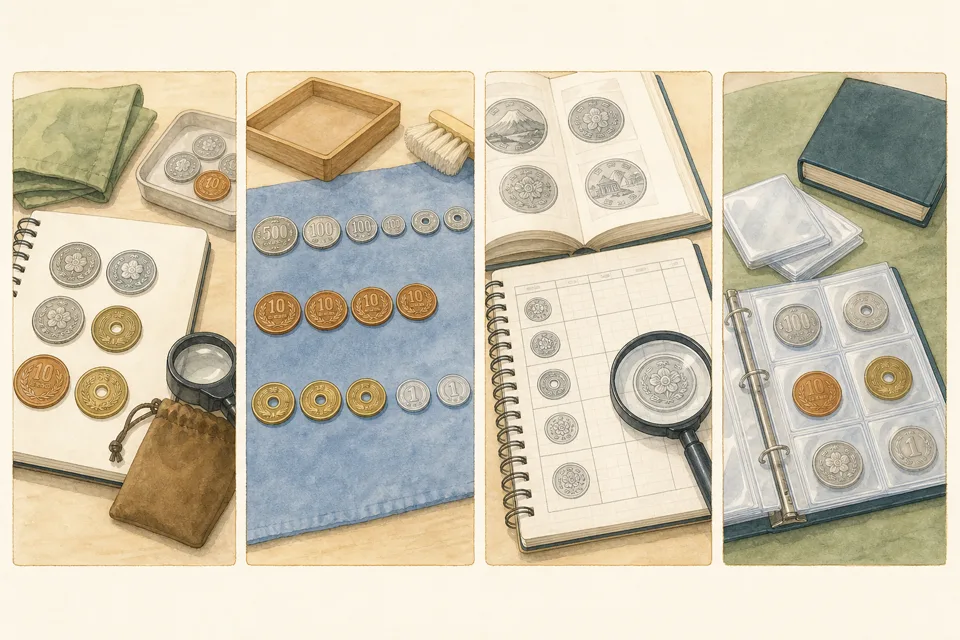 テーマを決めたコイン収集の主な手順を4場面で示したイラスト