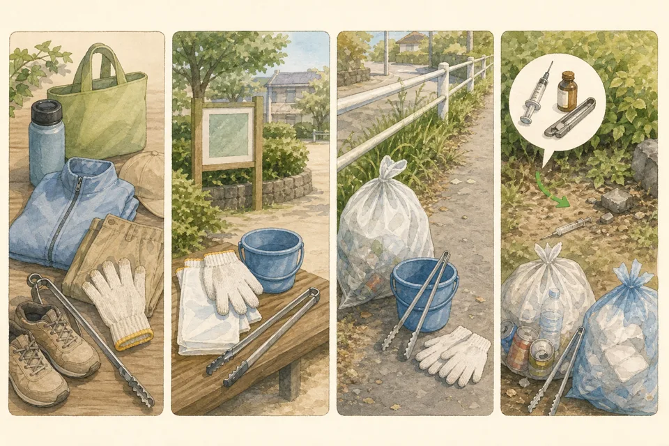 地域の清掃活動へ1回参加の主な手順を4場面で示したイラスト