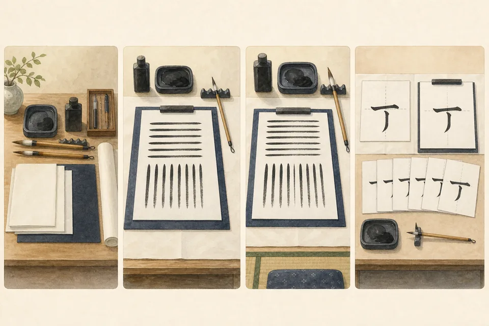 1文字だけの毛筆練習の主な手順を4場面で示したイラスト