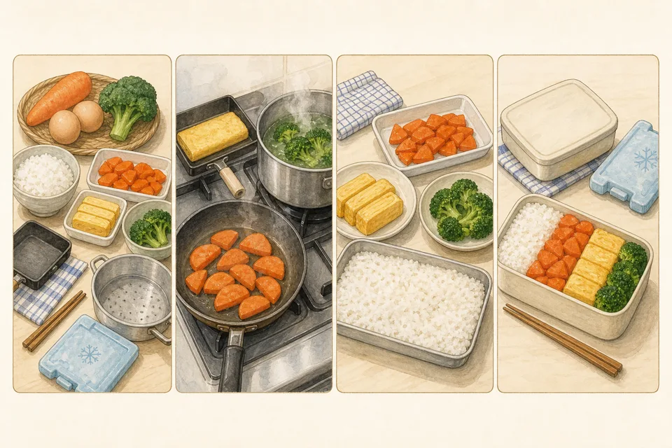 3色で作る簡単な弁当の主な手順を4場面で示したイラスト