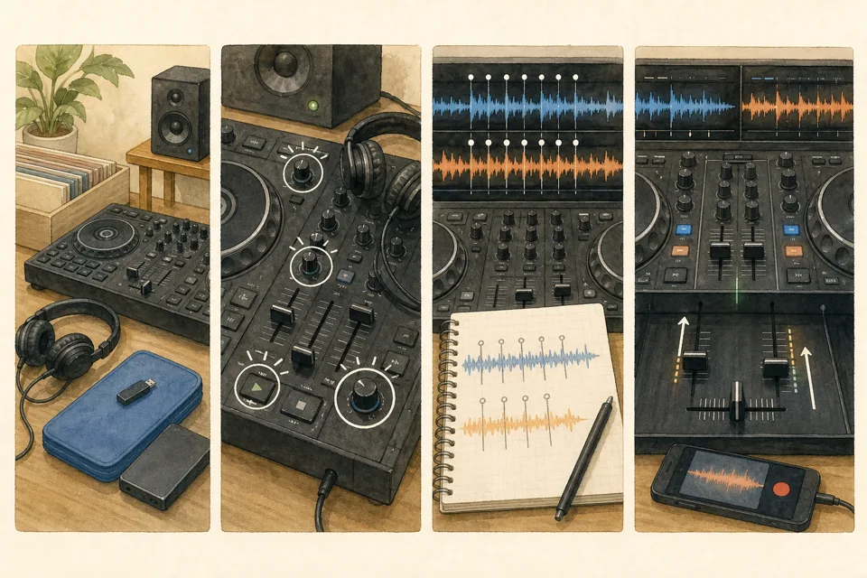 DJミックス体験の主な手順を4場面で示したイラスト