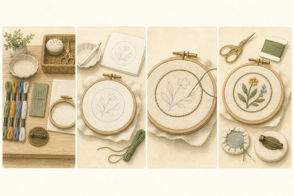 刺繍で丸いブローチの主な手順を4場面で示したイラスト