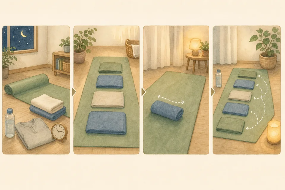 寝る前の全身ストレッチの主な手順を4場面で示したイラスト