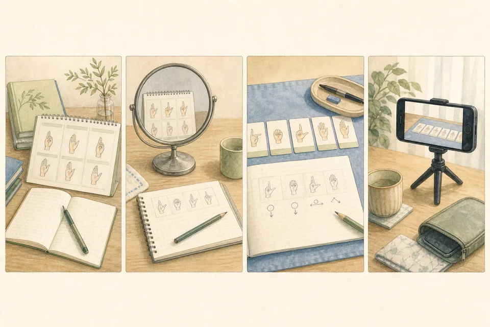 手話の指文字入門の主な手順を4場面で示したイラスト