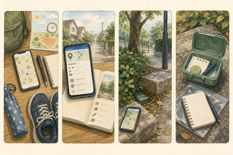 スマホで近所のジオキャッシングの主な手順を4場面で示したイラスト