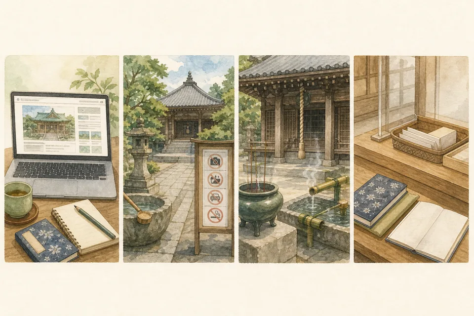 御朱印をいただく寺社めぐりの主な手順を4場面で示したイラスト