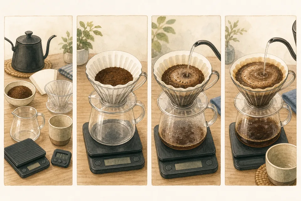 1杯だけのハンドドリップの主な手順を4場面で示したイラスト