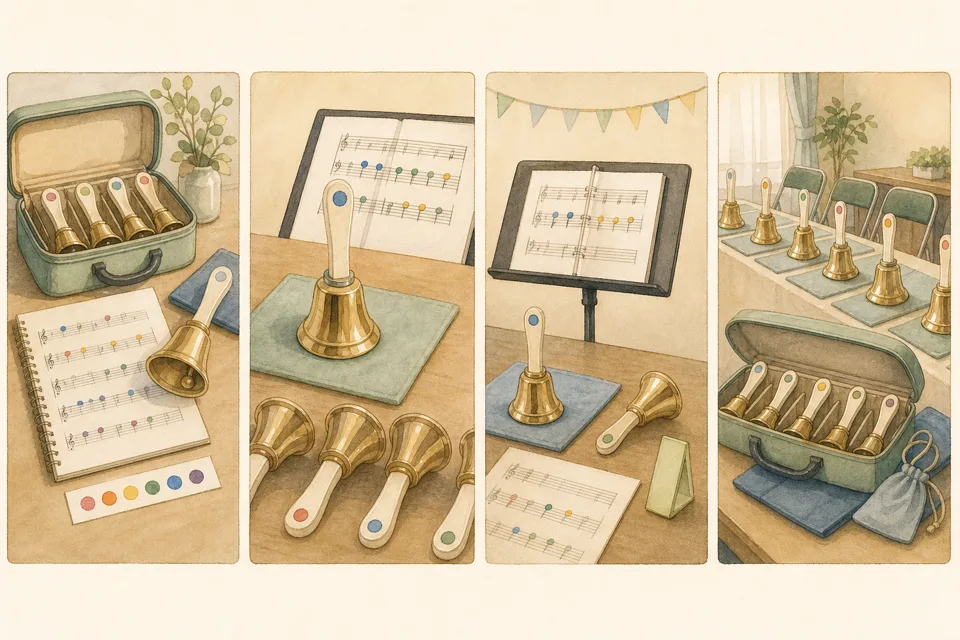 ハンドベルの合奏体験の主な手順を4場面で示したイラスト