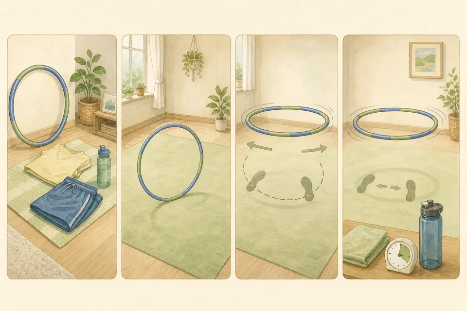 フラフープを連続30秒回すの主な手順を4場面で示したイラスト