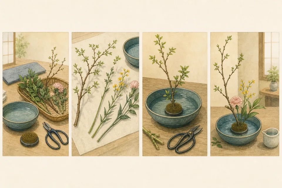 生け花体験の主な手順を4場面で示したイラスト