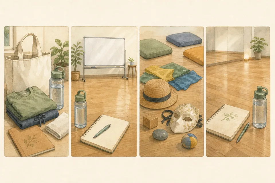 初心者向け即興劇ワークショップの主な手順を4場面で示したイラスト