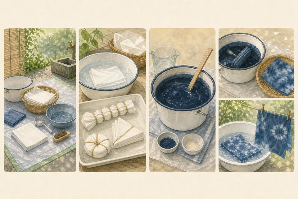 藍染めでハンカチ作りの主な手順を4場面で示したイラスト
