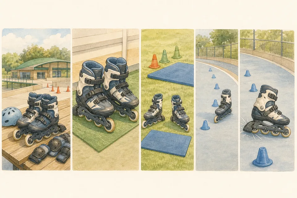 インラインスケート体験の主な手順を4場面で示したイラスト