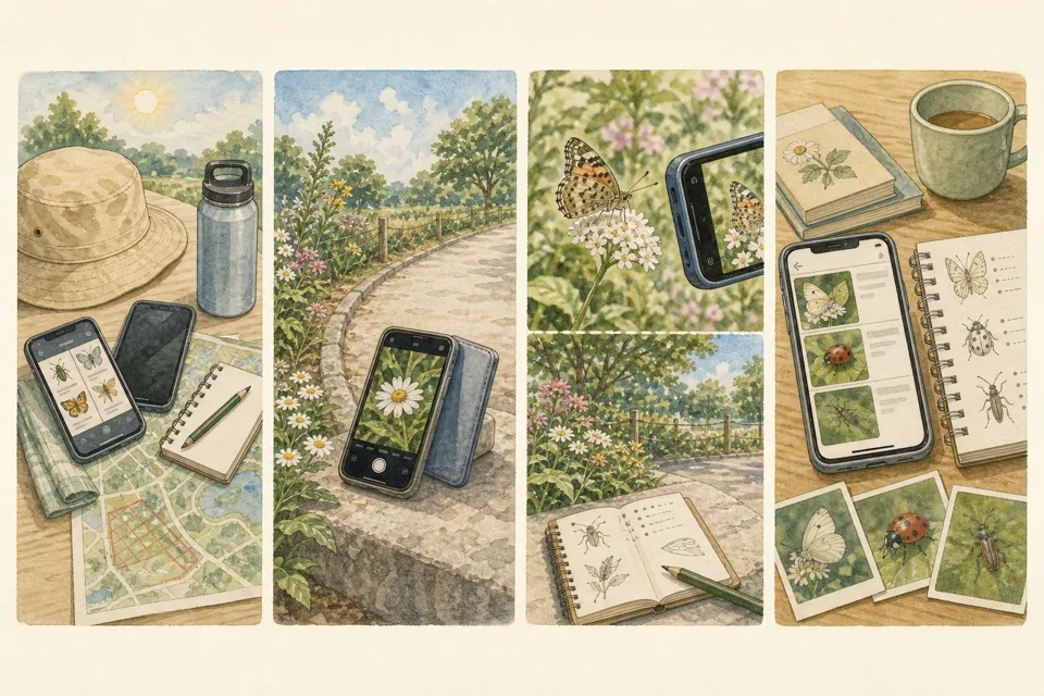 スマホで昆虫の写真観察の主な手順を4場面で示したイラスト