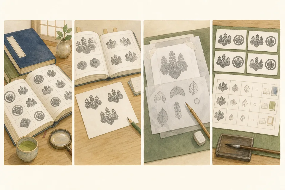 家紋の図柄を調べるの主な手順を4場面で示したイラスト