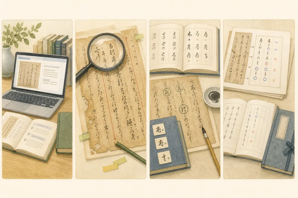 古文書解読入門の主な手順を4場面で示したイラスト