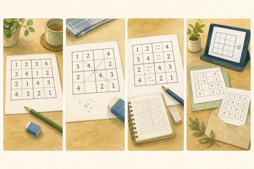 数独を自分で作るの主な手順を4場面で示したイラスト