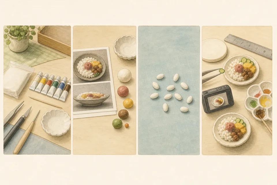 粘土でミニチュア料理の主な手順を4場面で示したイラスト