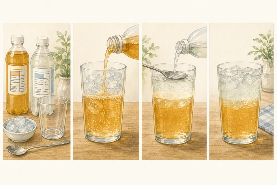 2層のノンアルコールドリンクの主な手順を4場面で示したイラスト