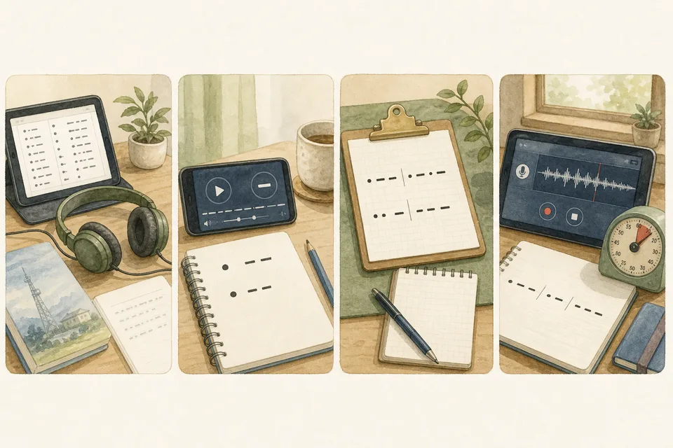 モールス信号を覚えるの主な手順を4場面で示したイラスト