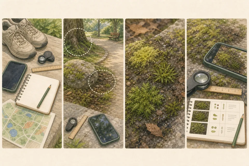 公園でコケを3種類観察の主な手順を4場面で示したイラスト