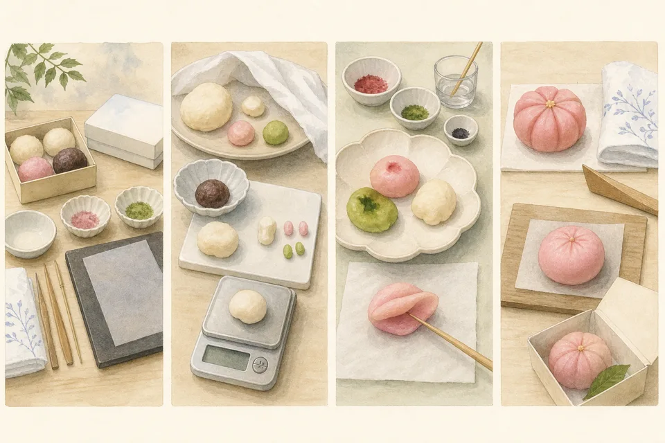 練り切り作り体験の主な手順を4場面で示したイラスト