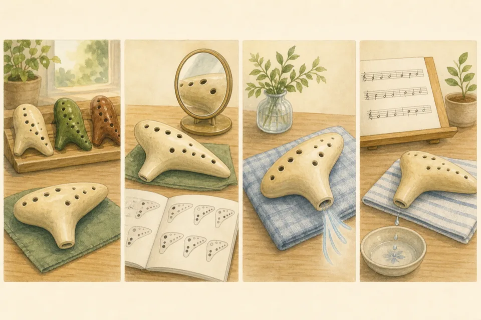 オカリナで短い曲の主な手順を4場面で示したイラスト