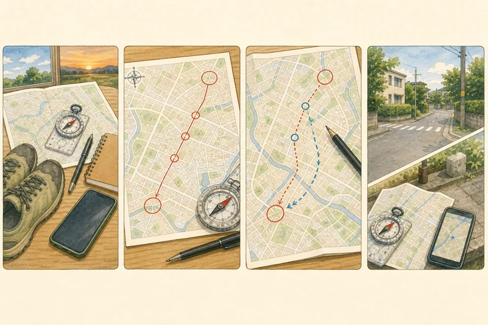 紙地図で2kmの道を読むの主な手順を4場面で示したイラスト