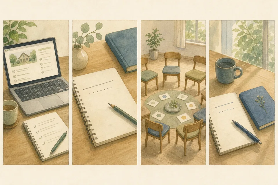 哲学対話の会へ参加の主な手順を4場面で示したイラスト