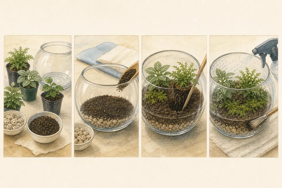 植物テラリウム作りの主な手順を4場面で示したイラスト
