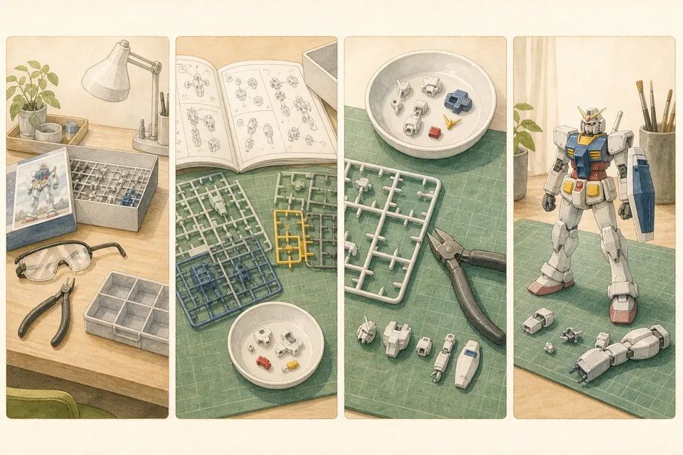 工具2つでプラモデル入門の主な手順を4場面で示したイラスト