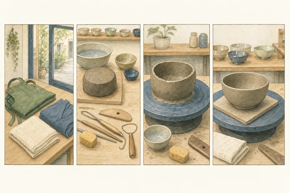 陶芸教室で小さな器作りの主な手順を4場面で示したイラスト