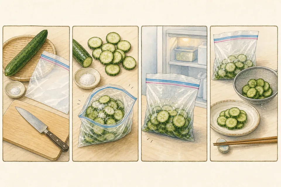 袋で作る1晩の浅漬けの主な手順を4場面で示したイラスト