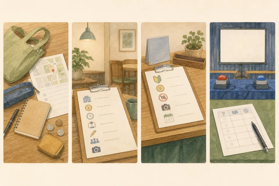 初心者向けクイズ会へ参加の主な手順を4場面で示したイラスト