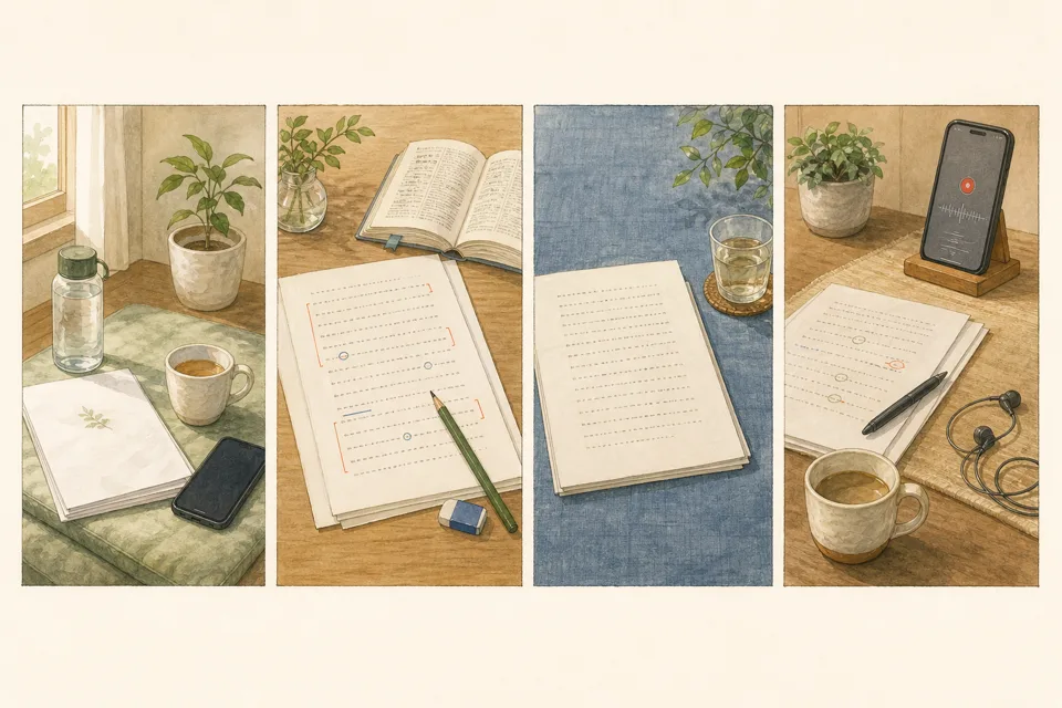 短編を5分だけ朗読の主な手順を4場面で示したイラスト